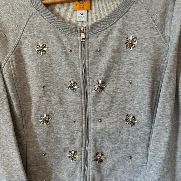 Ruby Rd Gray Zip Up with Floral Embellishments - Picture 2 of 5
